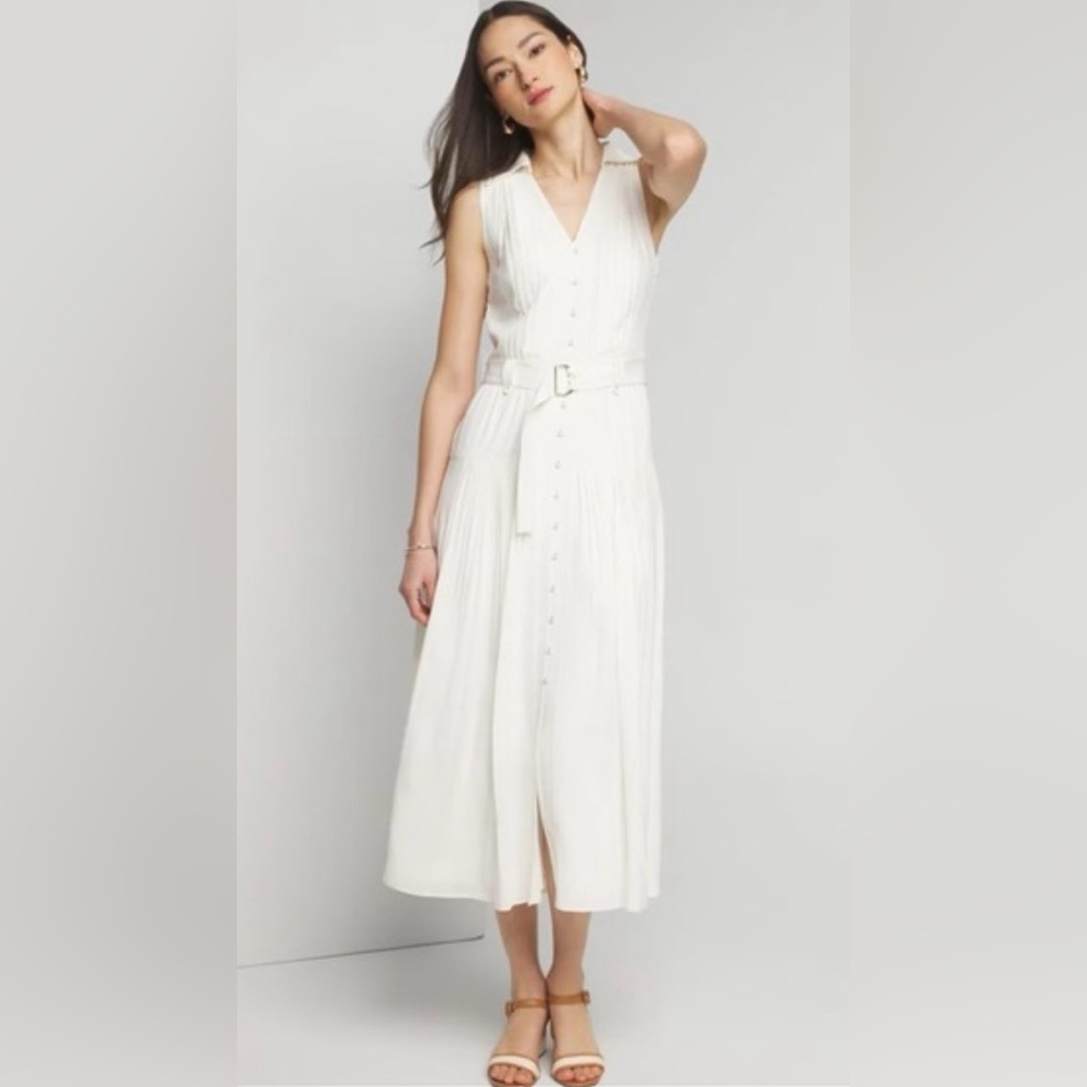 WHBM Ecru White Sleeveless Utility Collar Midi Dress with Belt, size 8